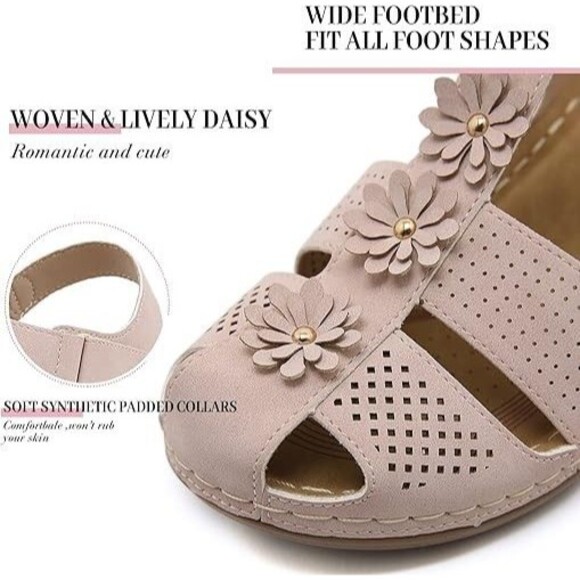 Pink Floral Perforated Wedge Sandals Women’s Size 6 Hook & Loop Comfort Shoes - Picture 6 of 8